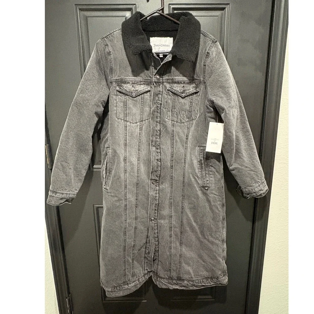 Juicy Couture Womens Long Trucker‎ Jacket Black Denim Sherpa Collar XL NEW
